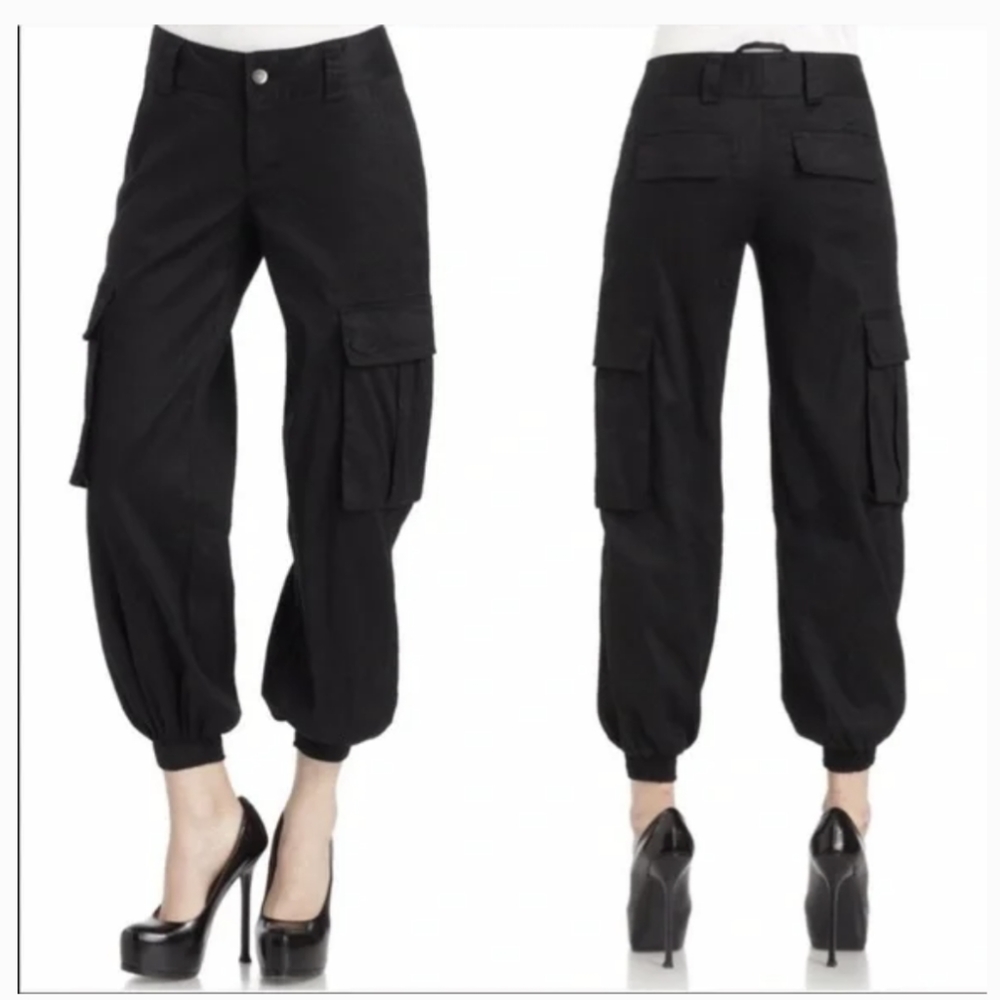 Alice & Olivia Black Banded Bottom Cargo Pants Size 8 Linen-cotton blend EUC